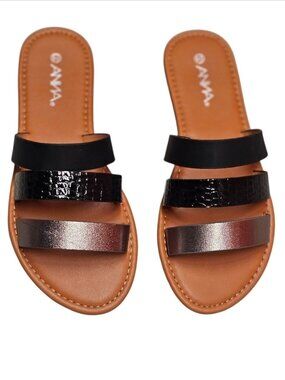 Womens Multi-Strap Slide Sandals With Faux Leather In Black Metallic & Croc-Embo